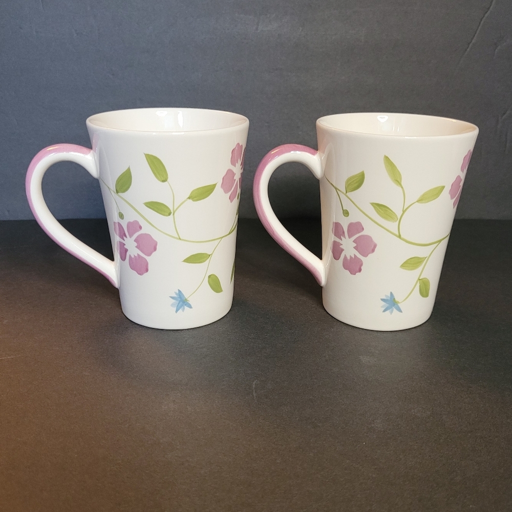 Lovely Handpainted Cream Floral Stoneware Mugs Set of 2 RARE - Picture 2 of 10